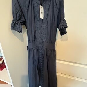 sundays Navy Scalloped-Trim Button Midi Dress